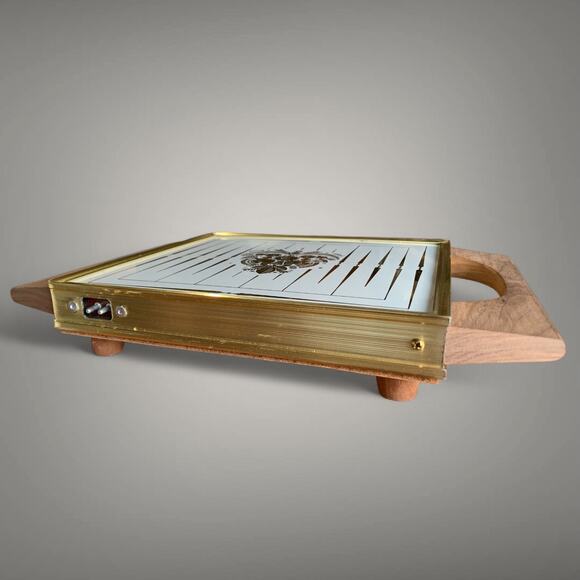 MCM Georges Briard Butler Food Warmer Tray-Gold & White Bird Design-Wood Handles - Picture 5 of 5